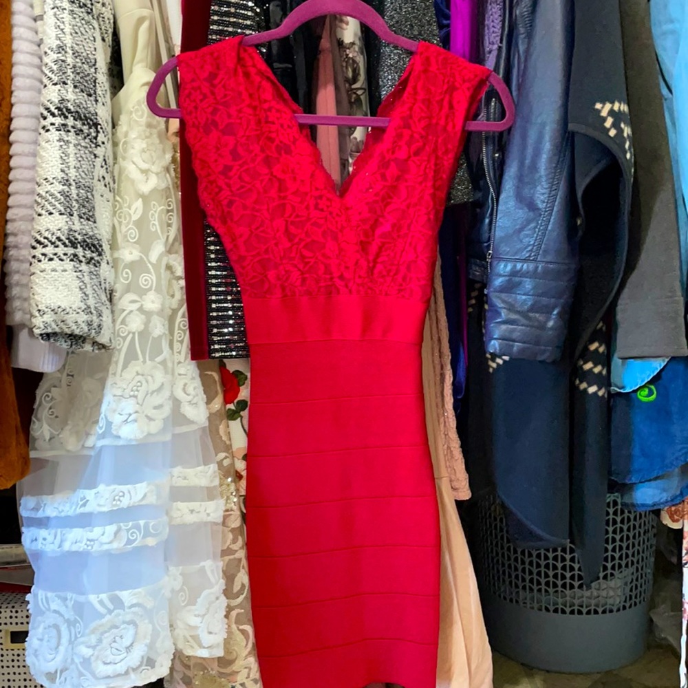 Bebe Red Lace Bodycon Dress size XS